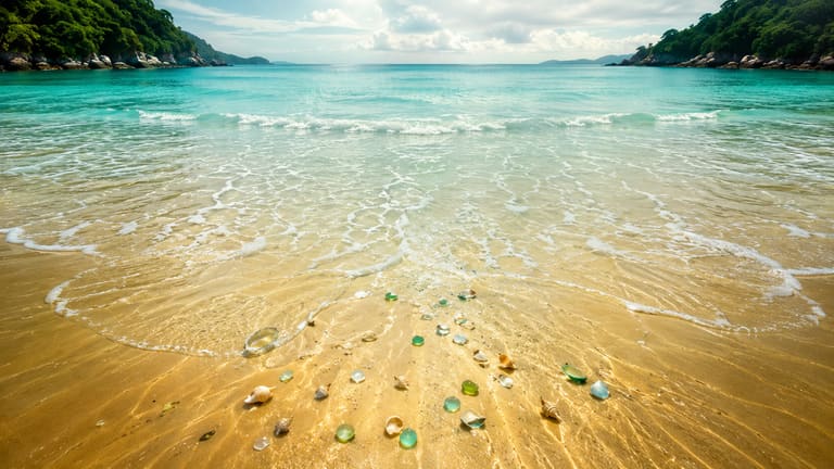 Turquoise shallows at low tide over rippled golden sand scattered with sea glass